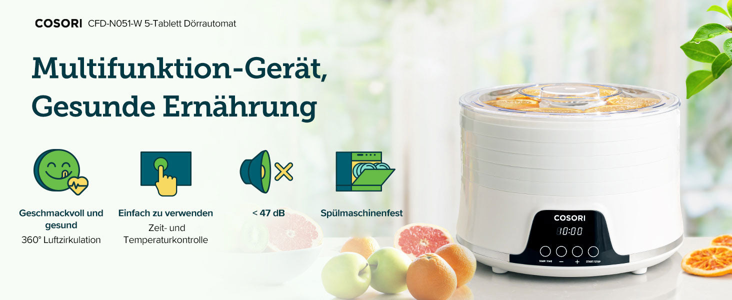 COSORI  CFD-N501-W 5-Tablett Dörrautomat  Multifunktion-Gerät, Gesunde Ernährung  Geschmackvoll und gesund 360° Luftzirkulation  Einfach zu verwenden Zeit- und Temperaturkontrolle  <47 dB  Spülmaschinenfest