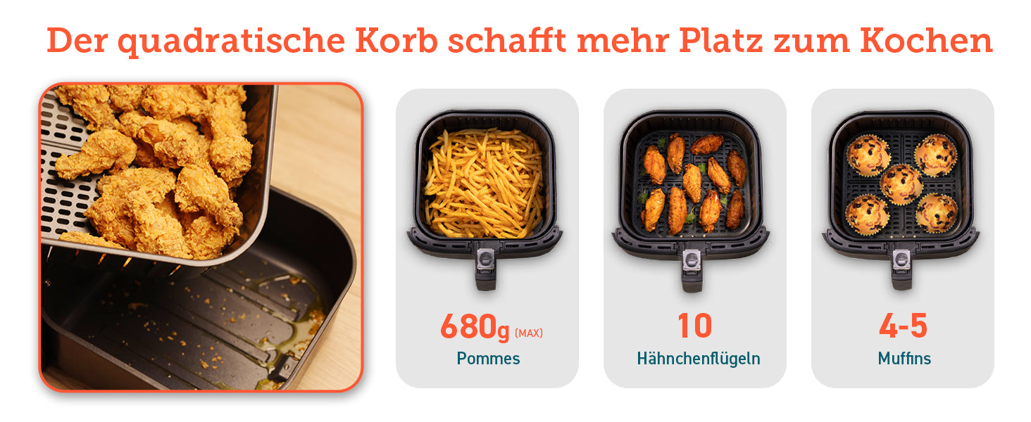 Der quadratische Korb schafft mehr Platz zum Kochen 680g (MAX) Pommes 10 Hähnchenflügeln 4-5 Muffins