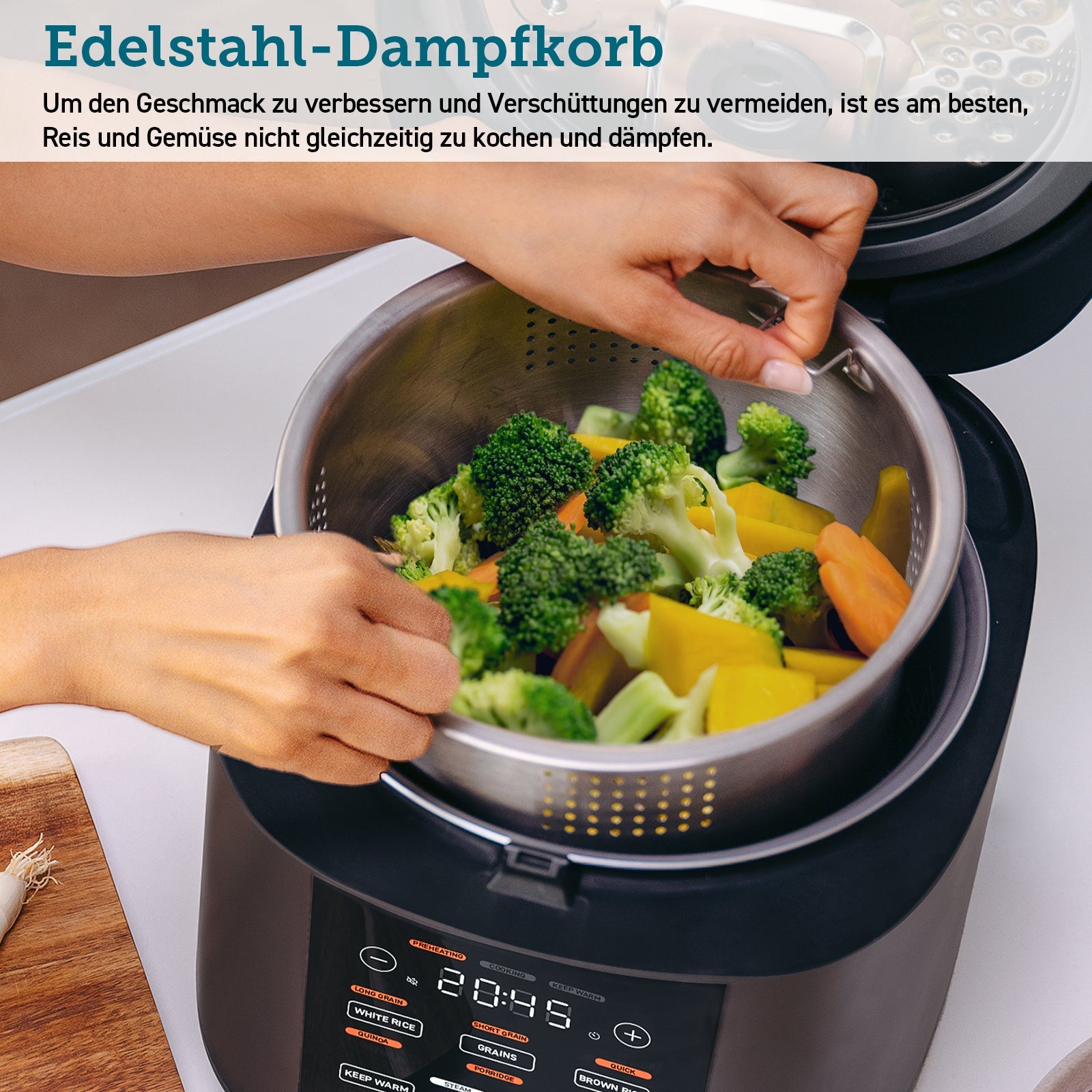 Edelstahl-Dampfkorb im COSORI Reiskocher zum schonenden Garen