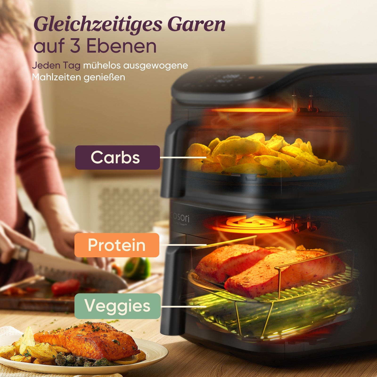 Gleichzeitiges Garen auf mehreren Ebenen mit der COSORI Turbo Tower Heißluftfritteuse