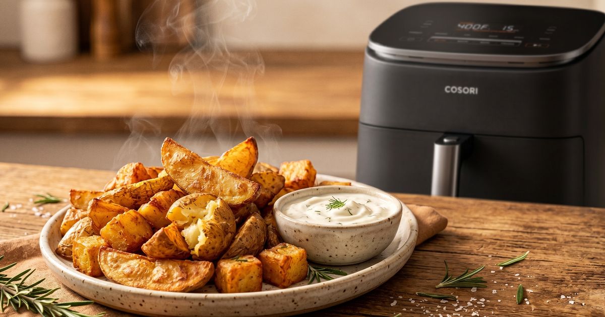 Dampfende, knusprige Kartoffelspalten und Dip neben einem schwarzen COSORI Airfryer