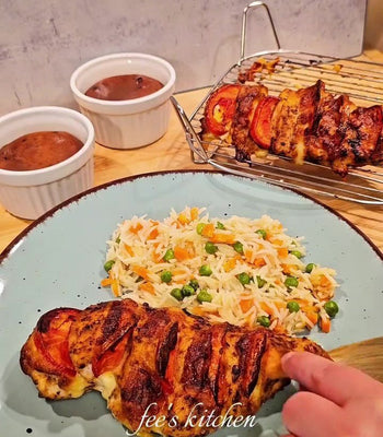 Airfryer Komplettmenü: Gemüse-Basmatireis, Gefächerte Hähnchenbrust & Schoko-Cheesecake - COSORI DE