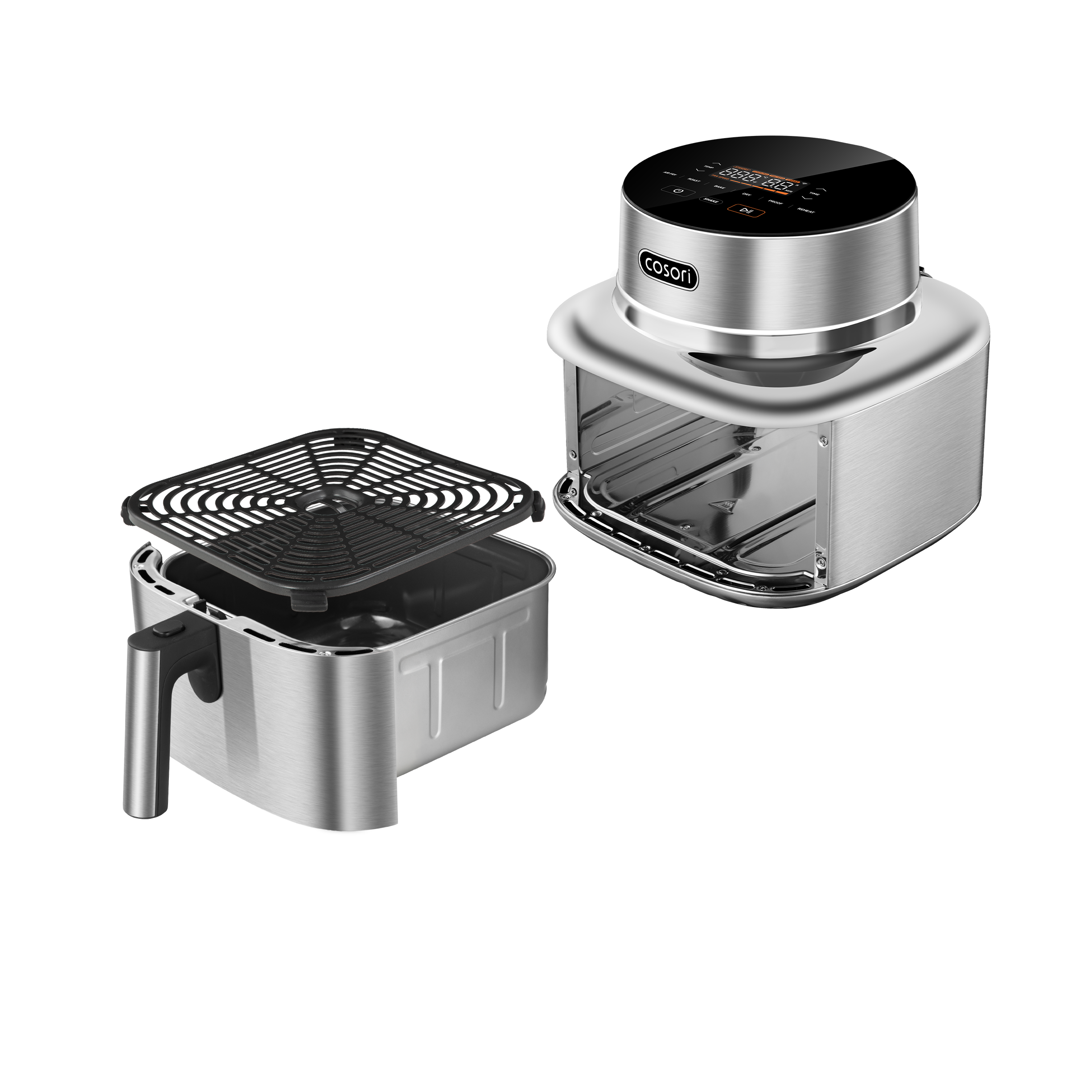 Lieferumfang der COSORI Iconic Single Edelstahl-Heißluftfritteuse mit Frittierkorb, Crisp-Platte und Zubehör